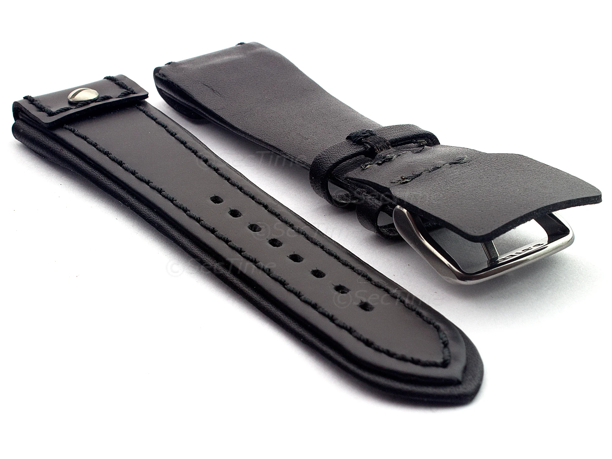 (image for) Military Style Leather Watch Strap, Fixed Lugs with Screw Black/Black 22mm (1)
