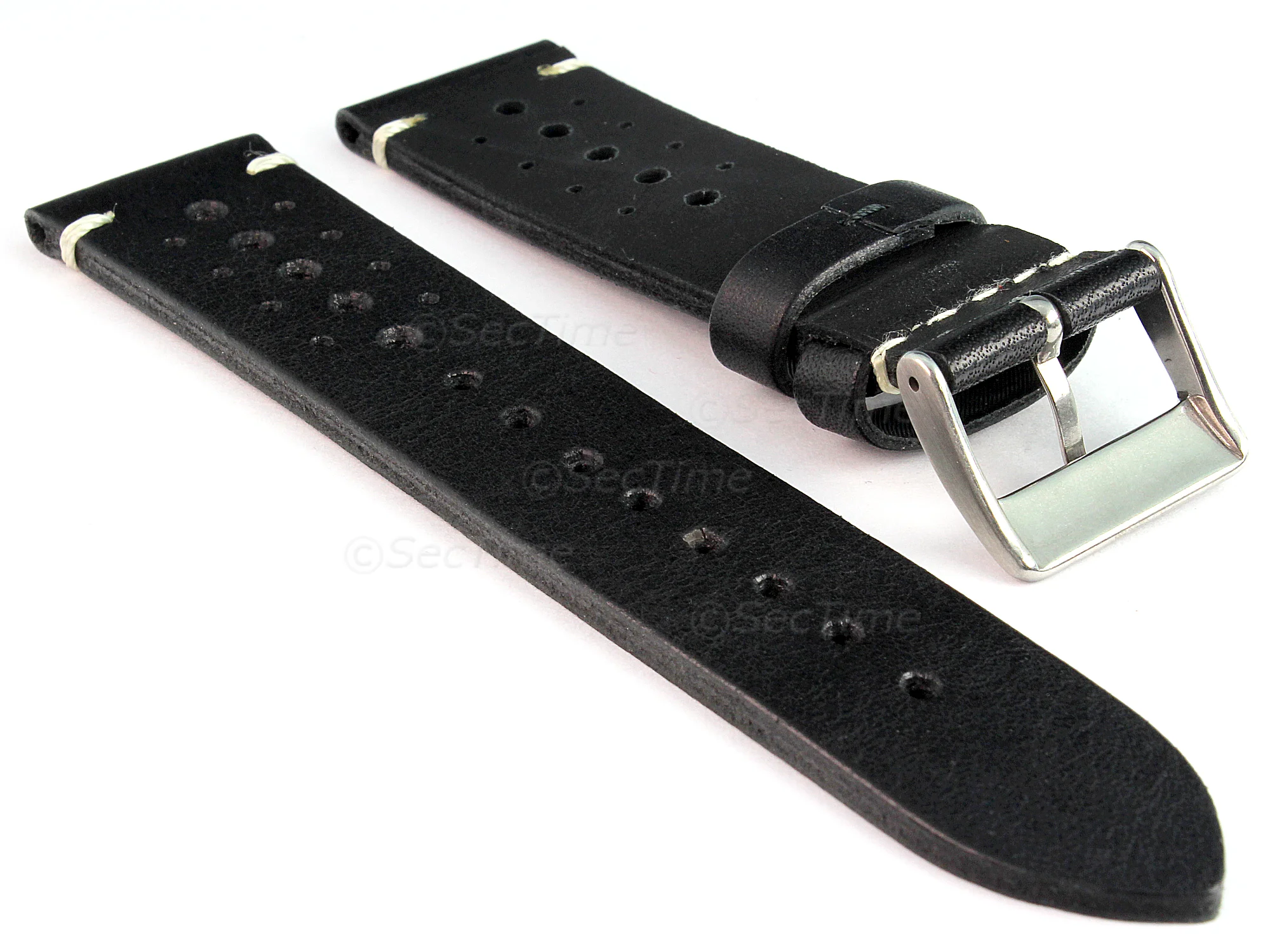 (image for) Perforated Genuine Leather Watch Strap Band Mirage Rally Racing Black 22mm (1)