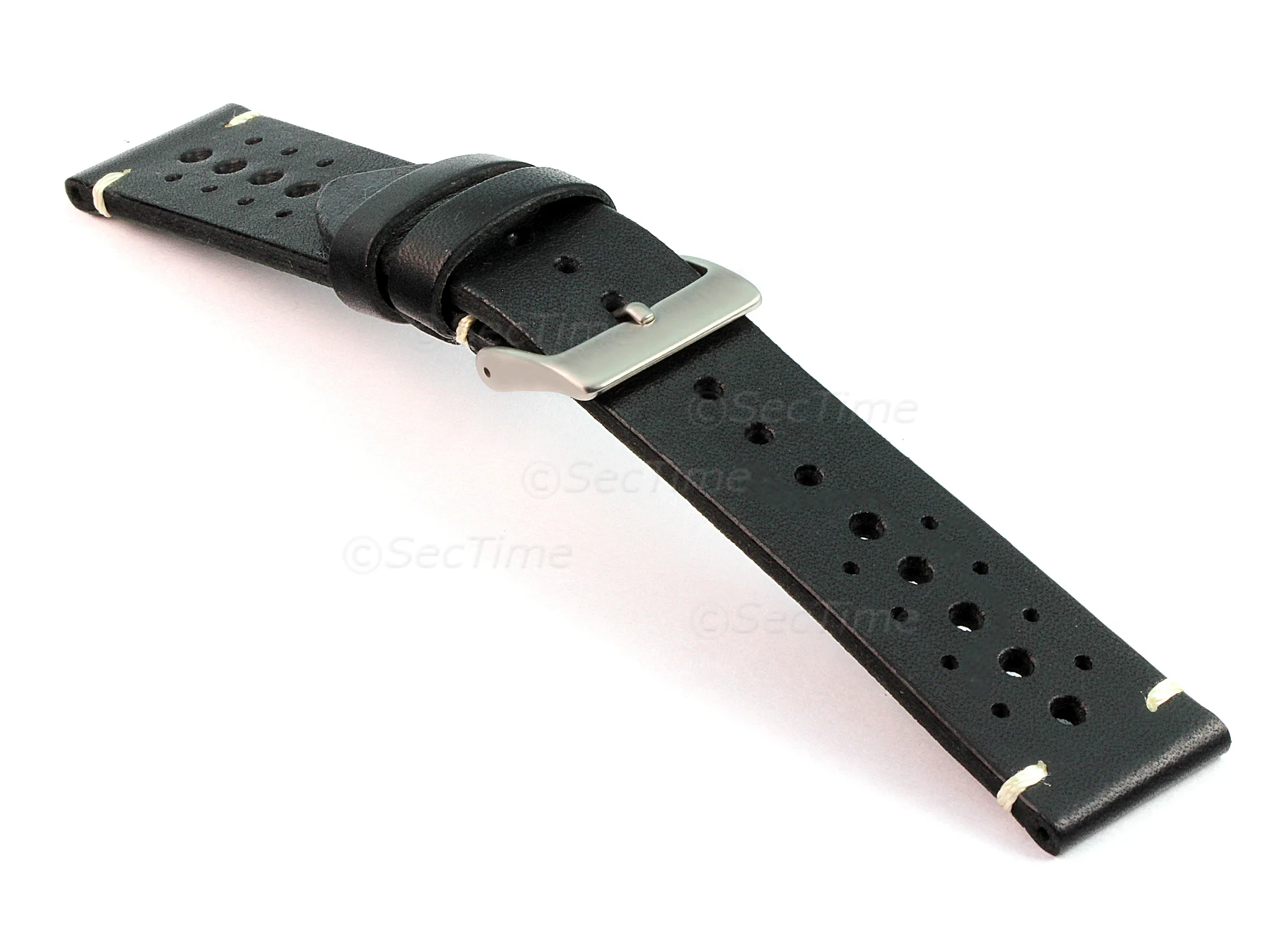 (image for) Perforated Genuine Leather Watch Strap Band Mirage Rally Racing Black 22mm (2)