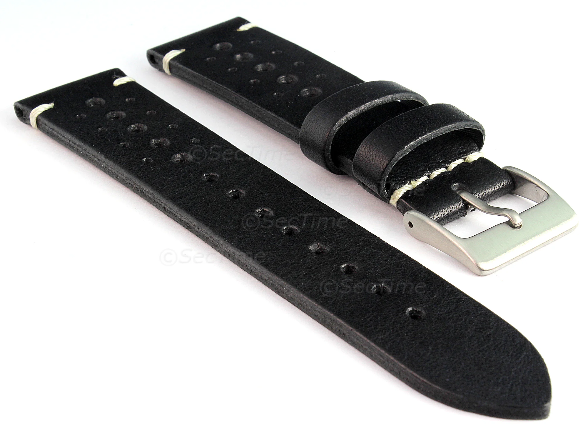 (image for) Perforated Genuine Leather Watch Strap Band Mirage Rally Racing Black 22mm