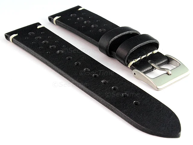 (image for) Perforated Genuine Leather Watch Strap Band Mirage Rally Racing Black 22mm