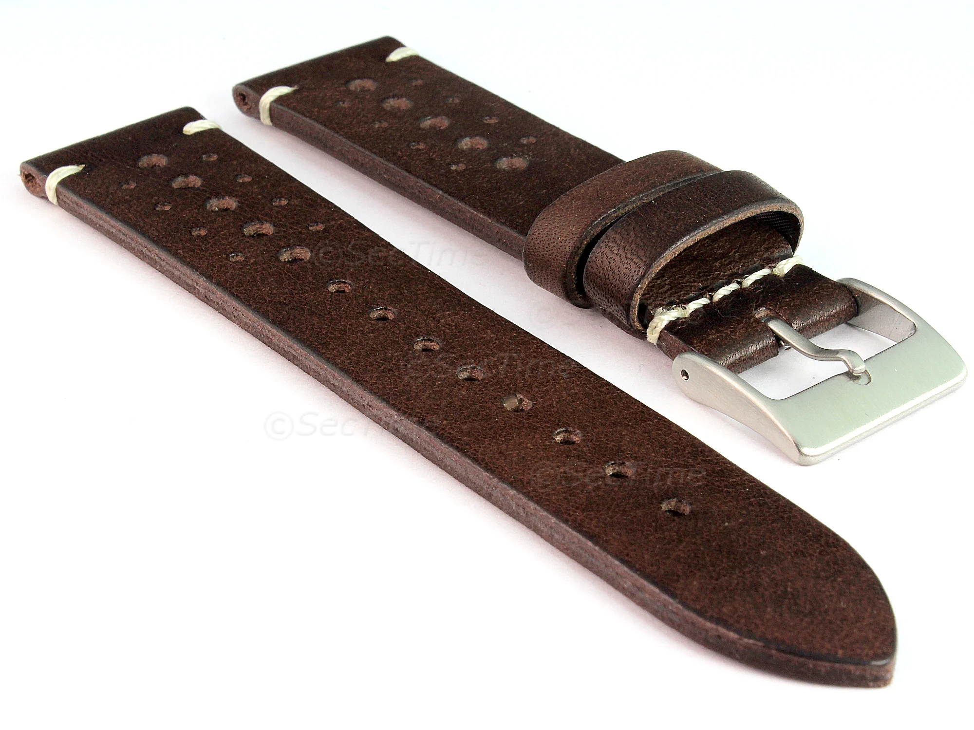 (image for) Perforated Genuine Leather Watch Strap Band Mirage Rally Racing Dark Brown 20mm