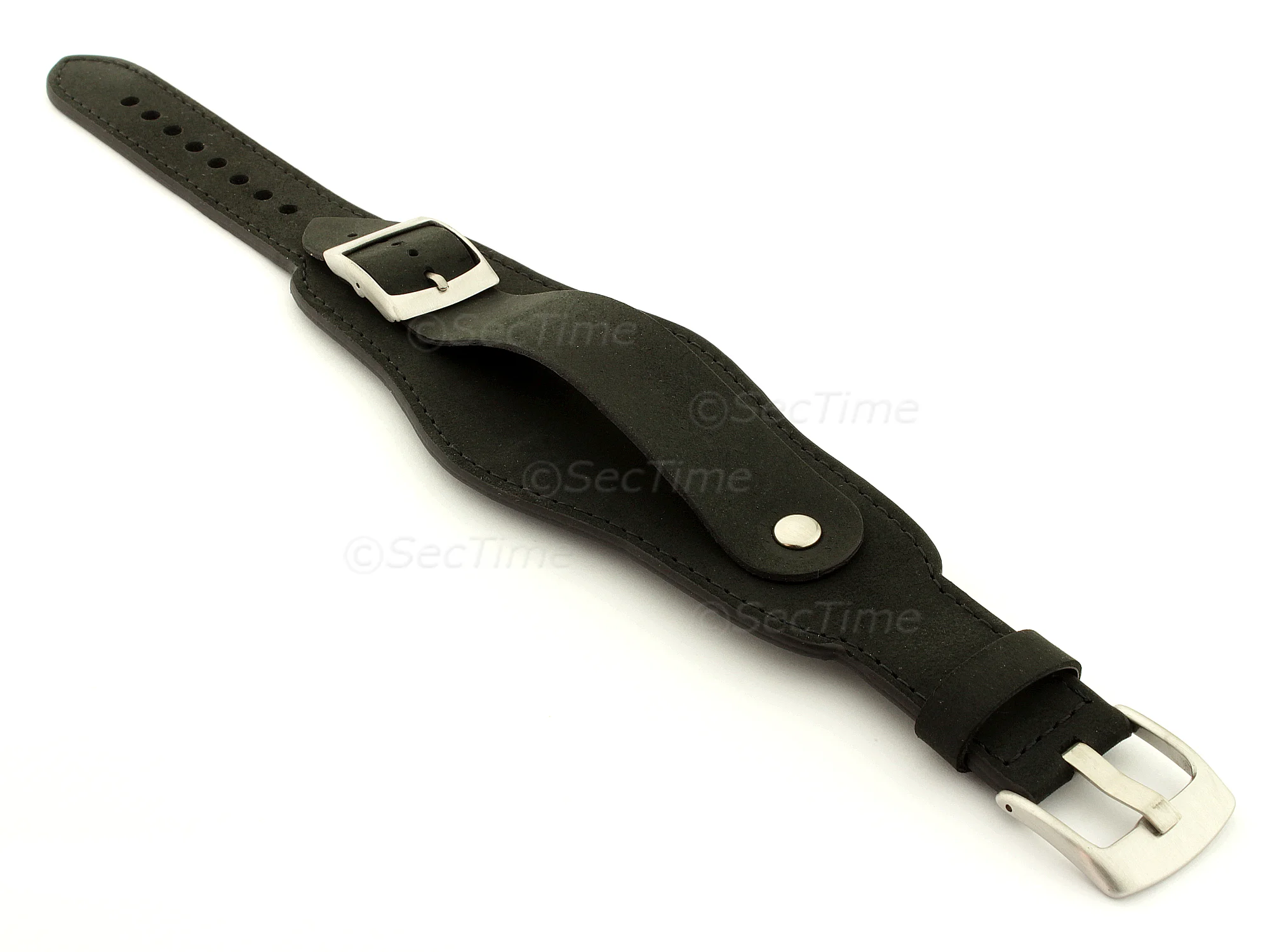 (image for) Genuine Leather One-piece Cuff Pad Watch Strap Band Moscow Black 22mm (2)