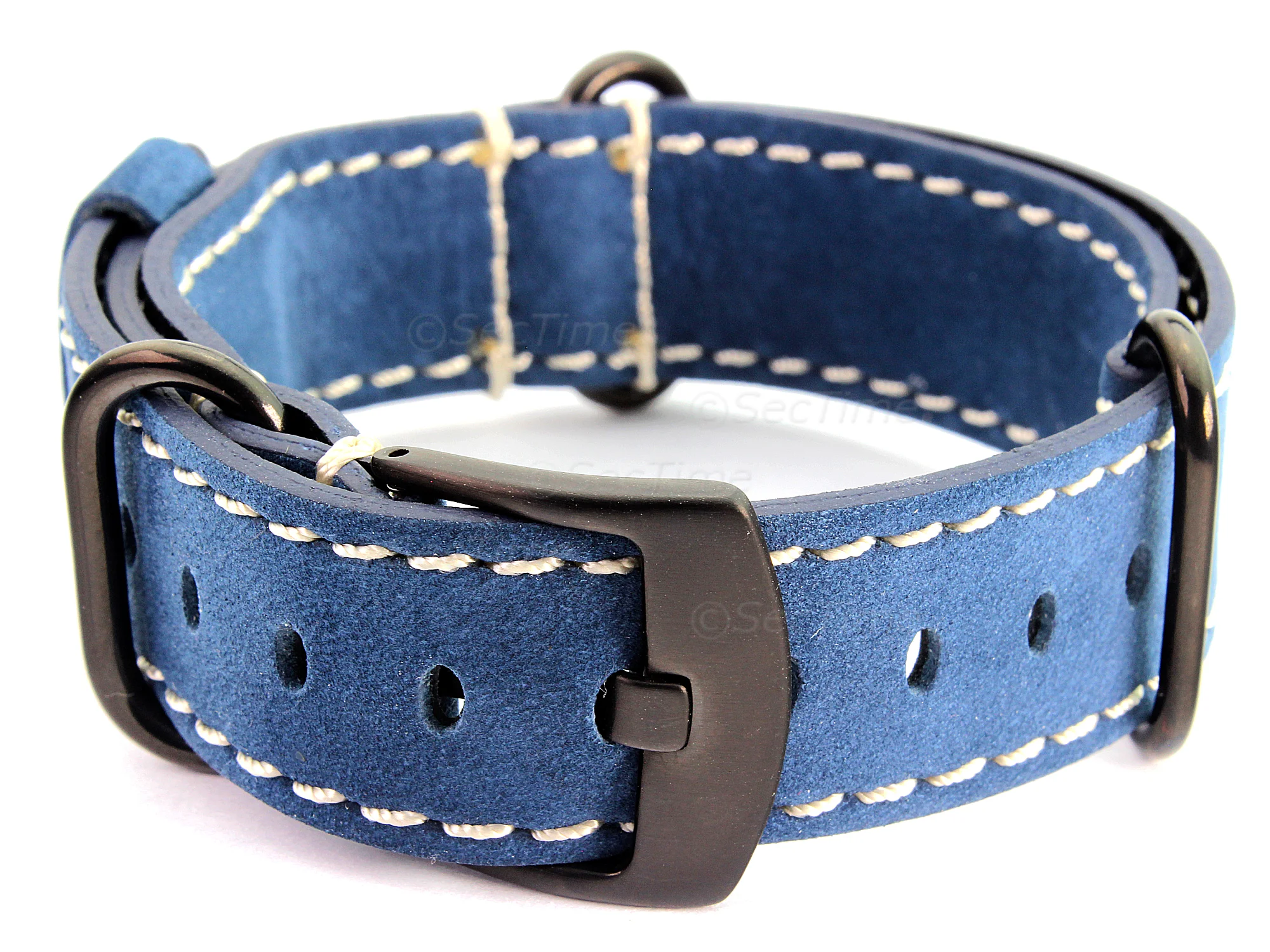 (image for) Suede Leather Watch Strap Nato Cayman PVD (Black) Buckle Blue 20mm (1)