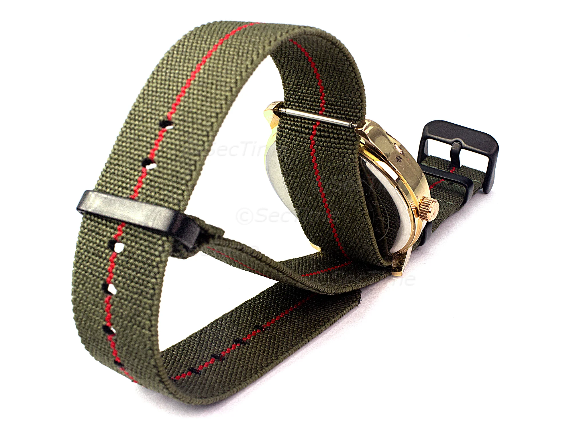 (image for) 18mm Olive Green/Red Elastic Nylon/Rubber Nato Watch Strap PVD Military Divers
