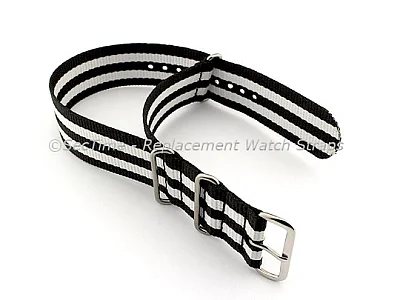 (image for) NATO G10 Watch Strap Military Nylon Divers (3 rings) Black/White 22mm (1)