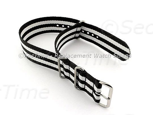 (image for) NATO G10 Watch Strap Military Nylon Divers (3 rings) Black/White 22mm (1)