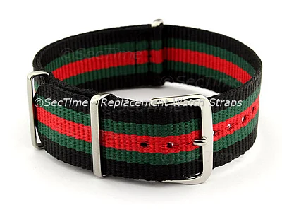 (image for) NATO G10 Watch Strap Military Nylon Divers (3 rings) Black/Green/Red 22mm