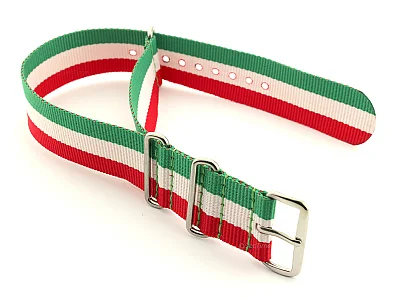 (image for) NATO G10 Watch Strap Military Nylon Divers 3 rings Green/White/Red (Italy) 22mm (1)