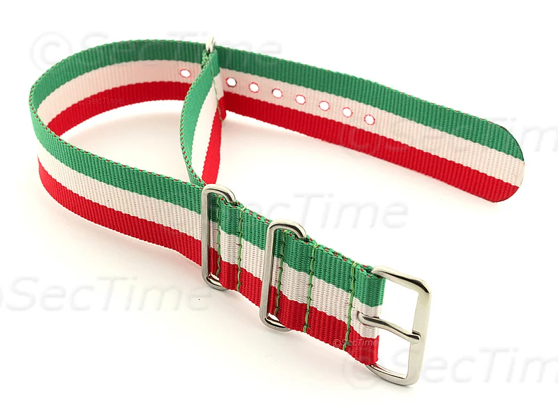 (image for) NATO G10 Watch Strap Military Nylon Divers 3 rings Green/White/Red (Italy) 22mm (1)