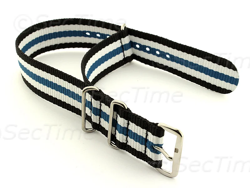 (image for) NATO G10 Watch Strap Military Nylon Divers 3 rings Black/White/Blue (5) 22mm (1)