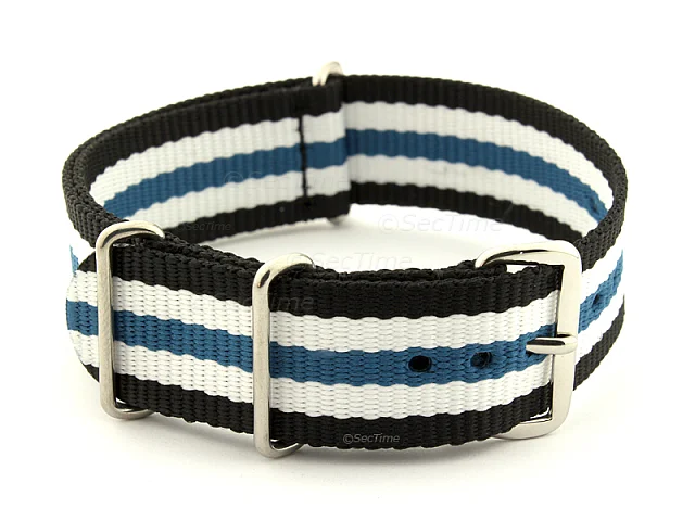 (image for) NATO G10 Watch Strap Military Nylon Divers 3 rings Black/White/Blue (5) 22mm