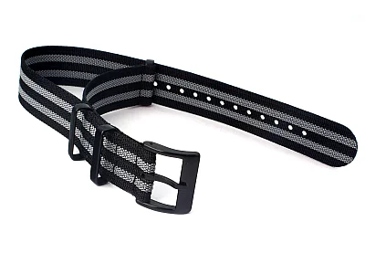 (image for) Ribbed Nylon Nato Watch Strap PVD Military Divers Black/Grey (JB) 19mm (1)