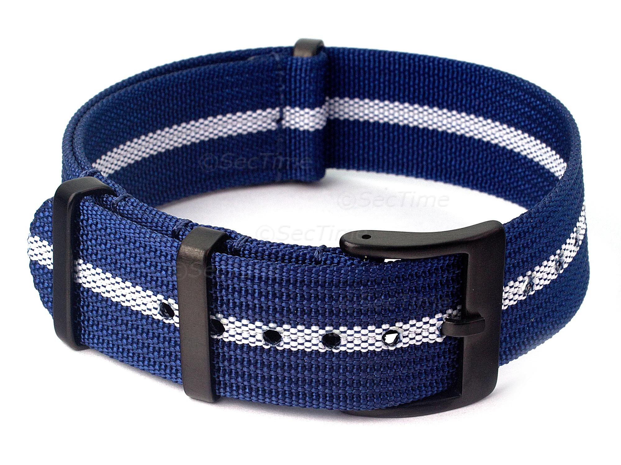 (image for) Ribbed Nylon Nato Watch Strap PVD Military Divers Navy Blue/White (3) 22mm