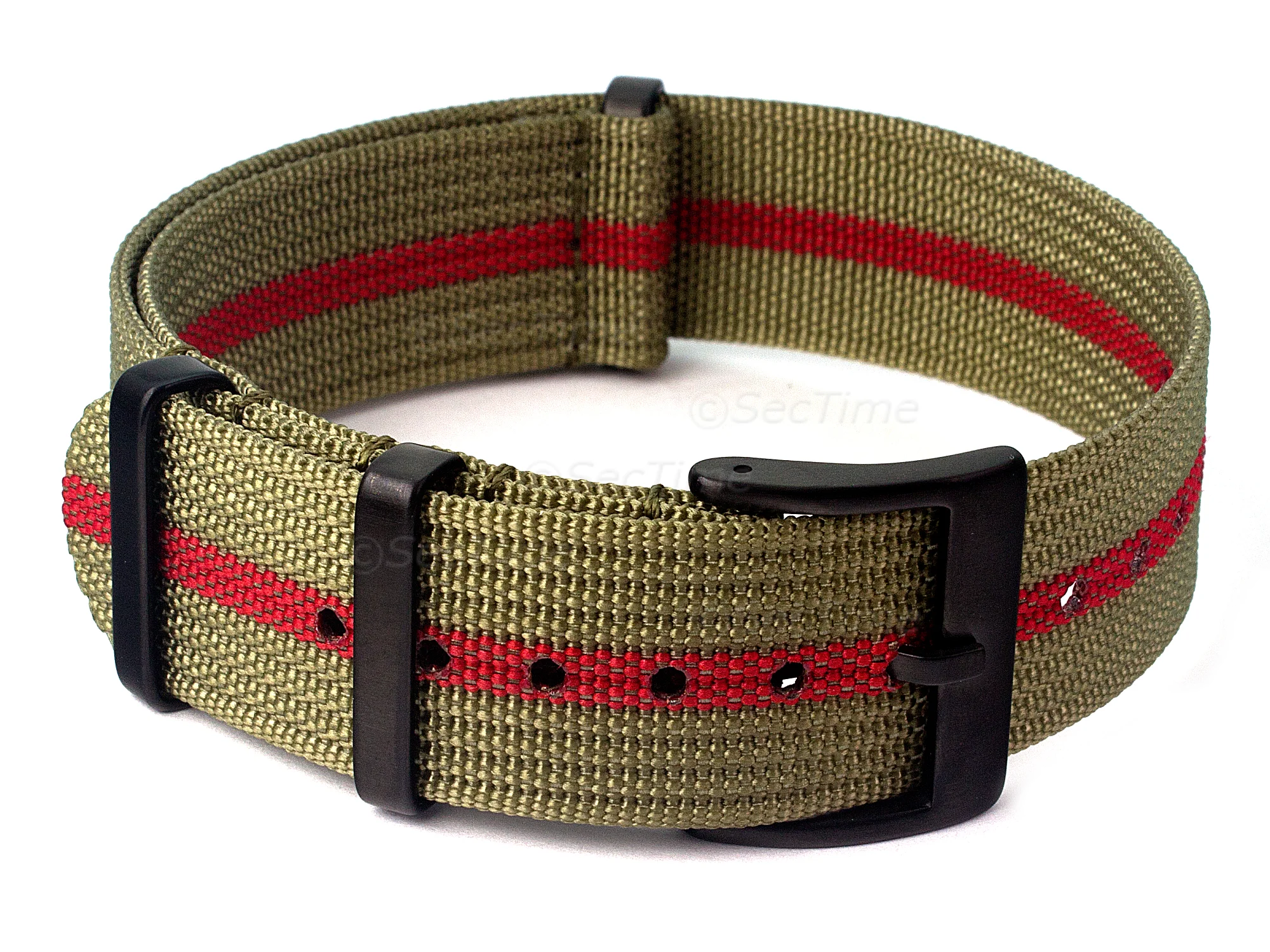 (image for) Ribbed Nylon Nato Watch Strap PVD Military Divers Olive Green/Red (3) 20mm