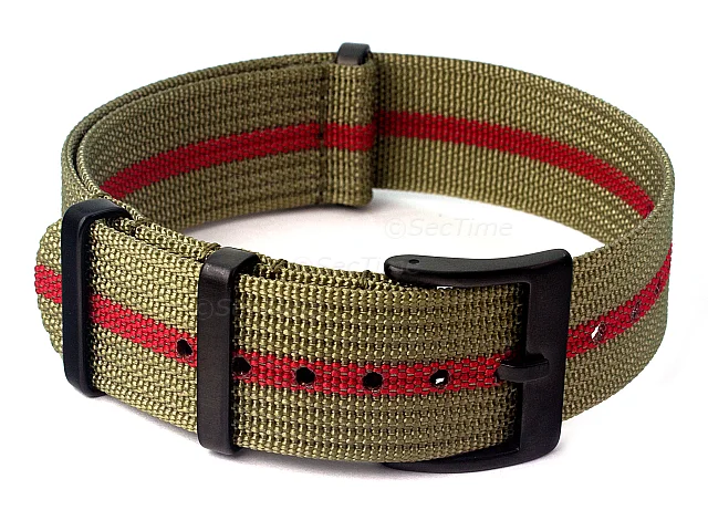 (image for) Ribbed Nylon Nato Watch Strap PVD Military Divers Olive Green/Red (3) 20mm