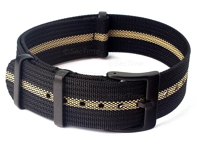 (image for) Ribbed Nylon Nato Watch Strap PVD Military Divers Black/Beige (3) 18mm