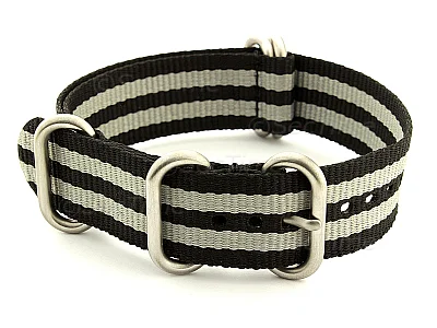 (image for) NATO Nylon Watch Strap Strong Heavy Duty 4/5 ringsMilitary Black/Grey (JB) 22mm