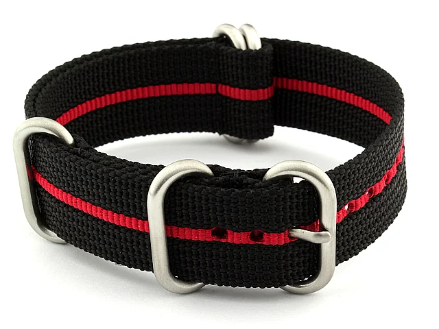 (image for) 24mm Black/Red - Nylon Watch Strap / Band Strong Heavy Duty (4/5 rings) Military