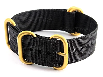 (image for) 24mm Black (Yellow Gold) - Nato Nylon Watch Strap Strong Heavy Duty (4/5 rings)