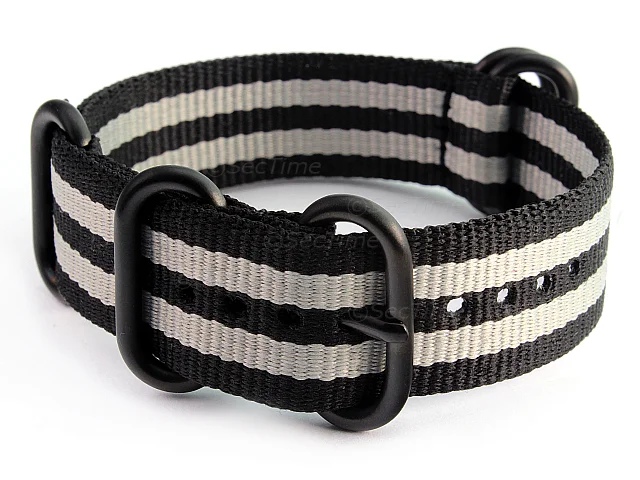 (image for) 18mm Black/Grey (JB) - Nato Nylon Watch Strap Strong Heavy Duty (4/5 rings) PVD