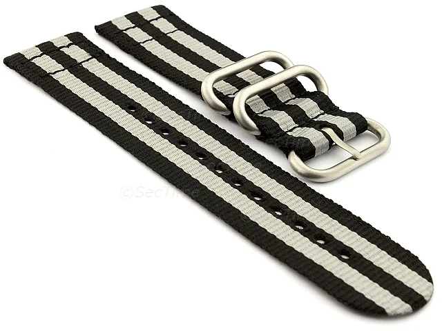 (image for) TWO-PIECE NATO Nylon Watch Strap Bond-Style Brushed Rings Black/Grey 22mm