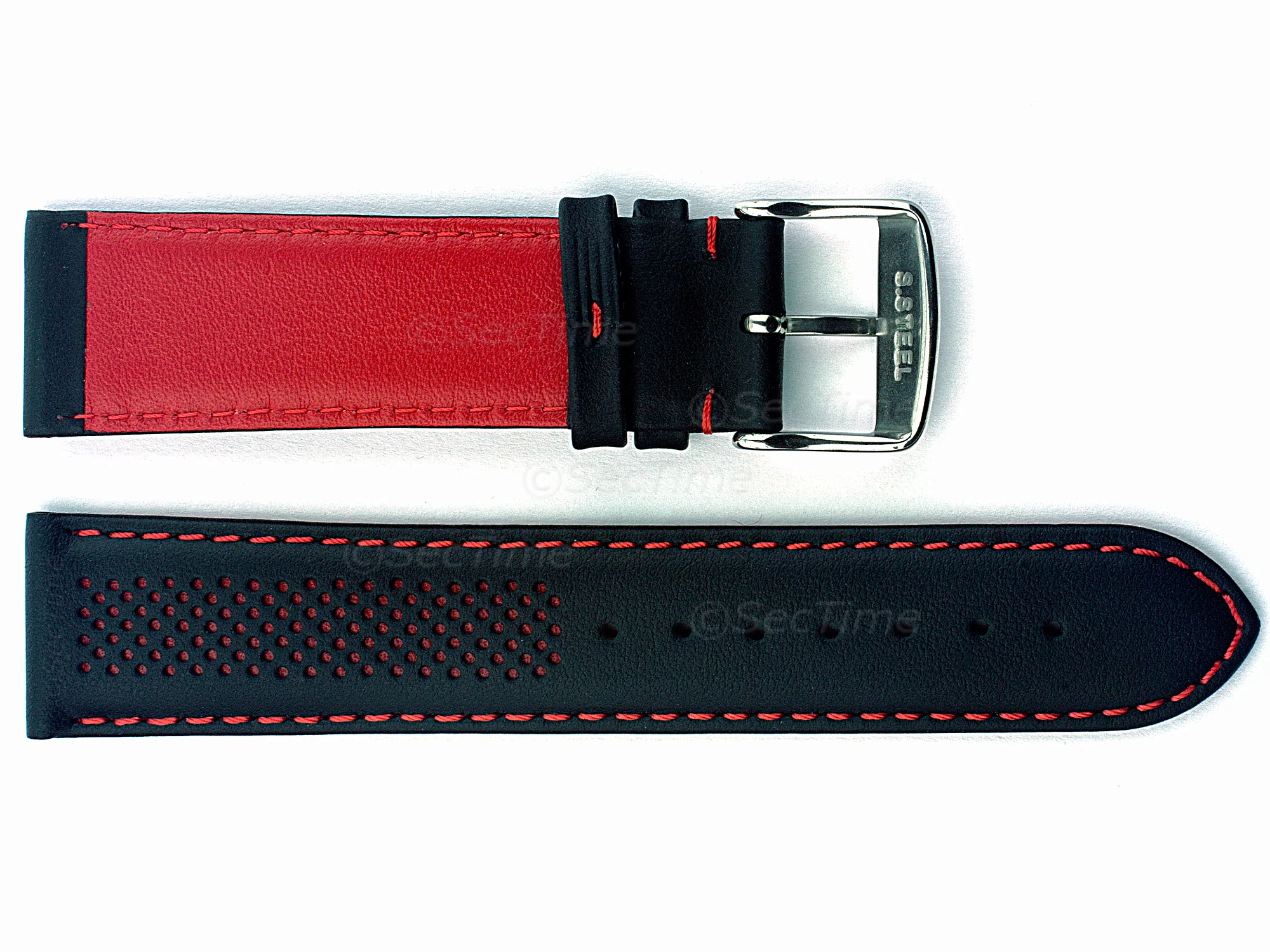 (image for) Laser Perforated Leather Watch Strap Oscar Black/Red 22mm