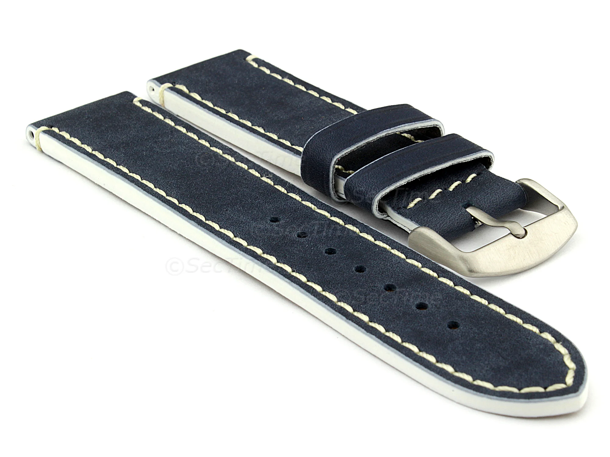(image for) Genuine Leather Watch Band PORTO Navy Blue/White 22mm
