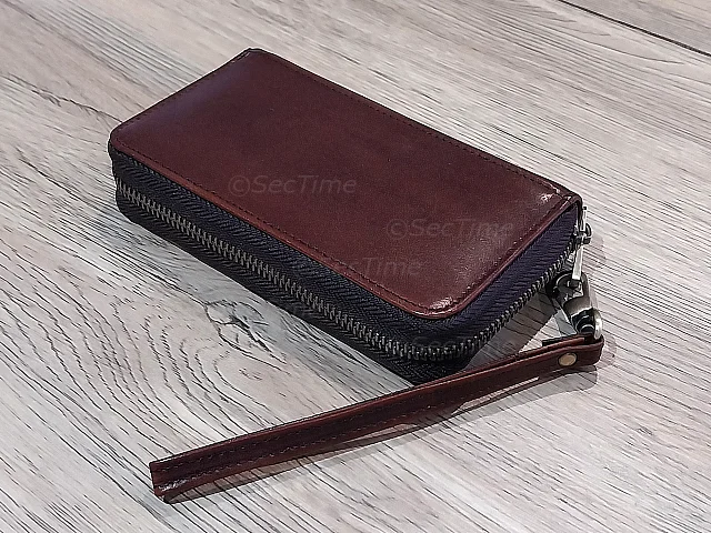 (image for) Genuine Leather Zip Watch Pouch for 2 Wristwatches with Hand Strap Dark Brown