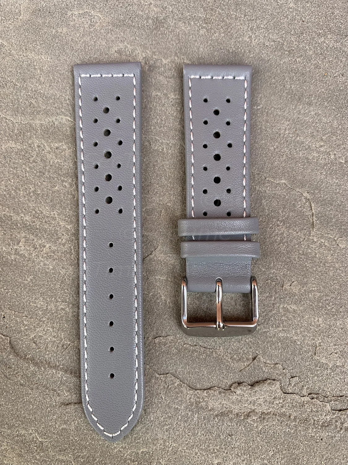 (image for) 22mm Grey/White - Genuine Leather Watch Strap / Band RIDER, Perforated (2)