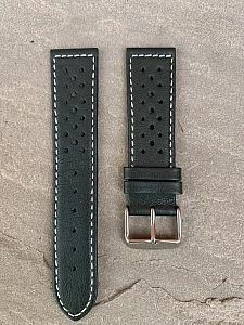 (image for) 22mm Dark Green/White - Genuine Leather Watch Strap / Band RIDER, Perforated (2)