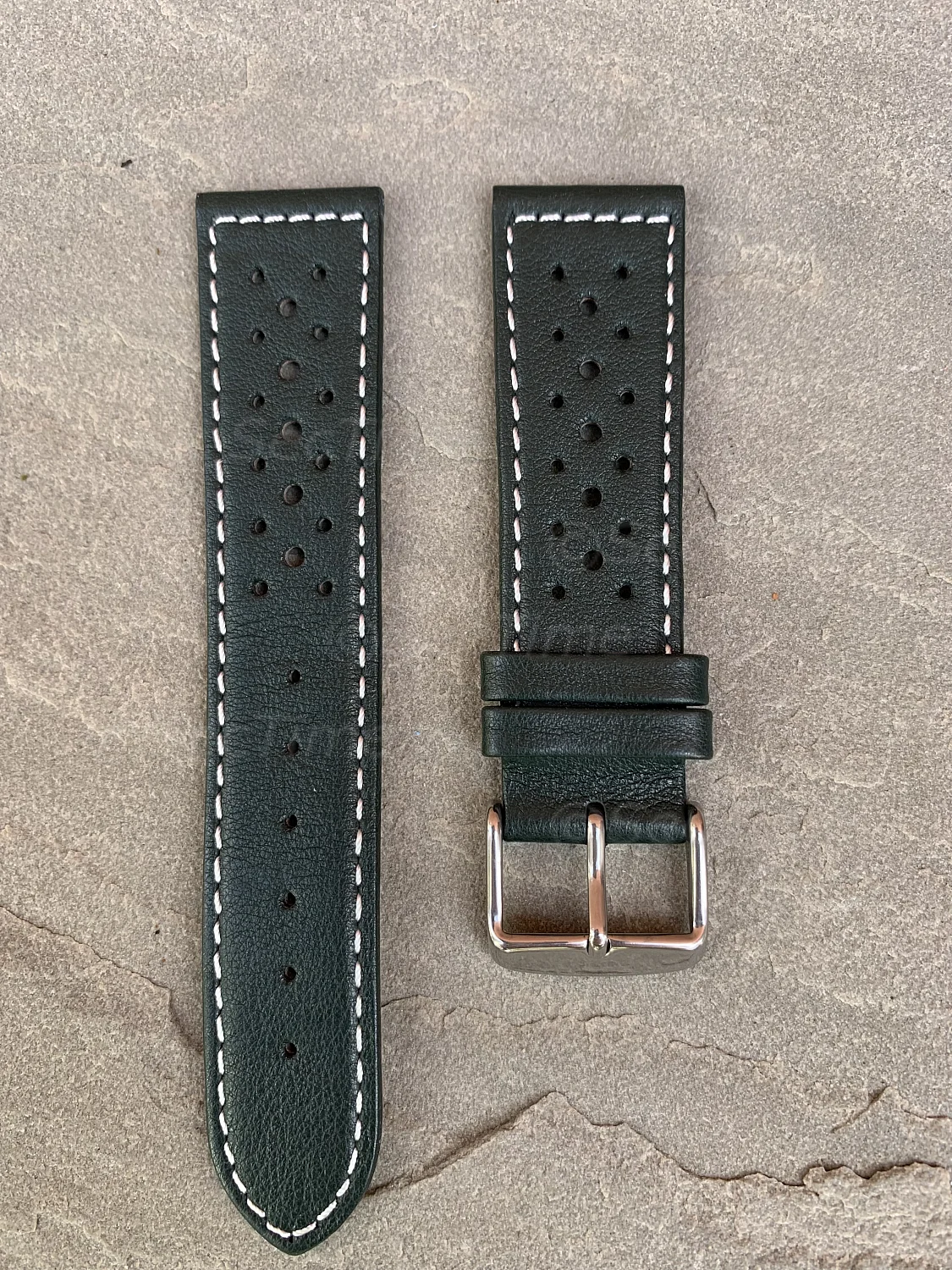 (image for) 22mm Dark Green/White - Genuine Leather Watch Strap / Band RIDER, Perforated (2)