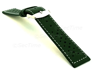 (image for) 18mm Dark Green/White - Genuine Leather Watch Strap / Band RIDER, Perforated