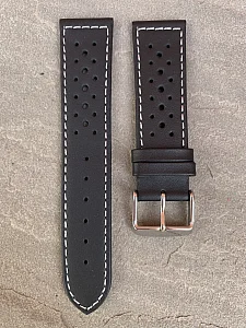 (image for) 20mm Black/White - Genuine Leather Watch Strap / Band RIDER, Perforated (2)