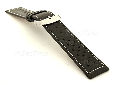 (image for) 22mm Black/White - Genuine Leather Watch Strap / Band RIDER, Perforated