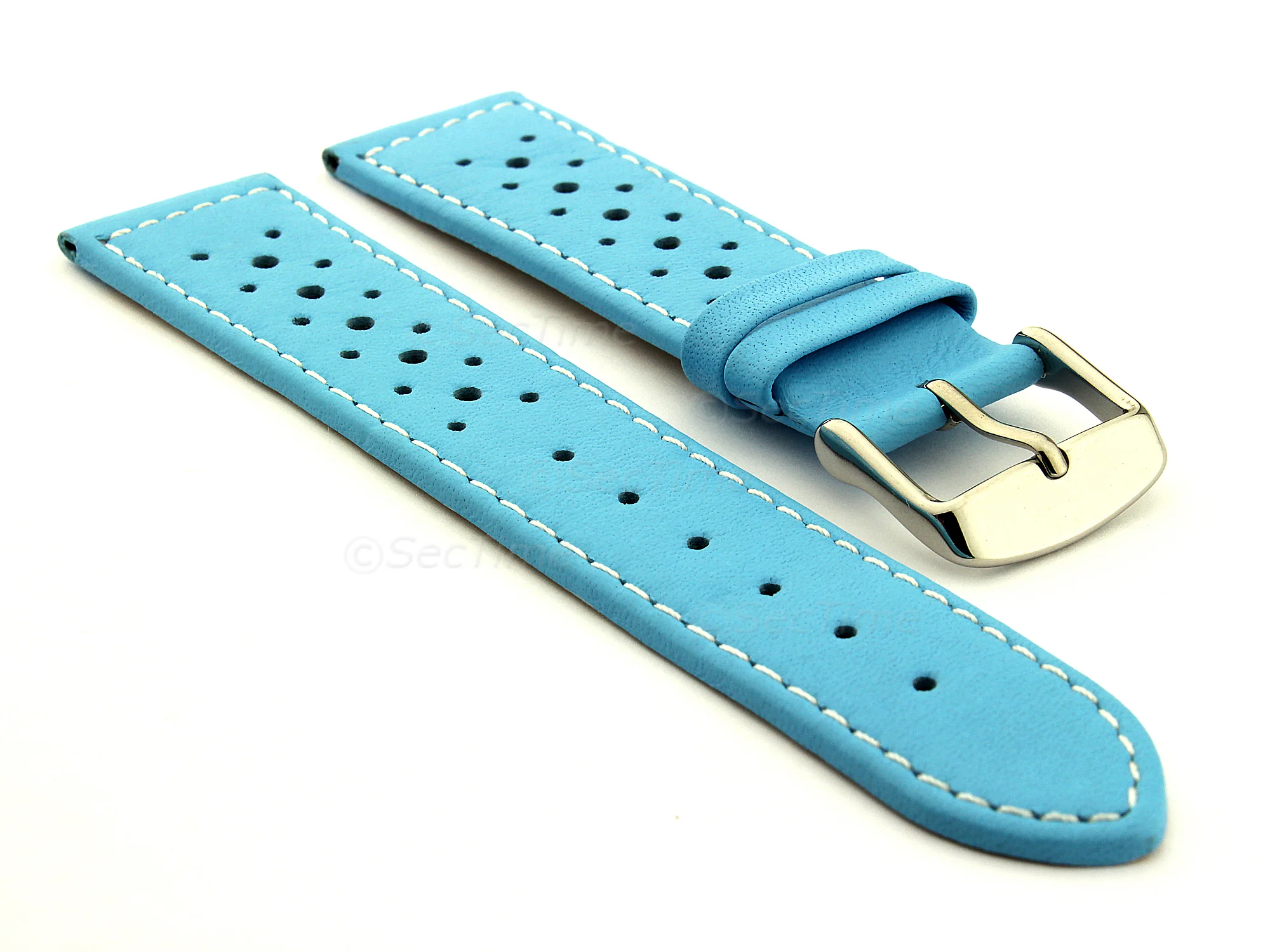 (image for) 20mm Sky Blue/White - Genuine Leather Watch Strap / Band RIDER, Perforated (1)