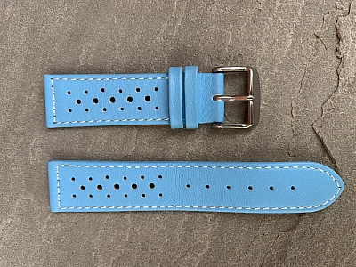 (image for) 22mm Sky Blue/White - Genuine Leather Watch Strap / Band RIDER, Perforated (2)