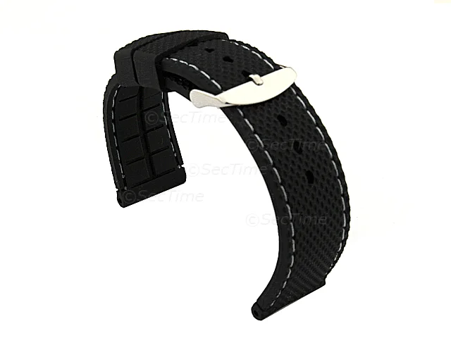 (image for) 16mm Black/White - Silicon Watch Strap / Band with Thread, Waterproof