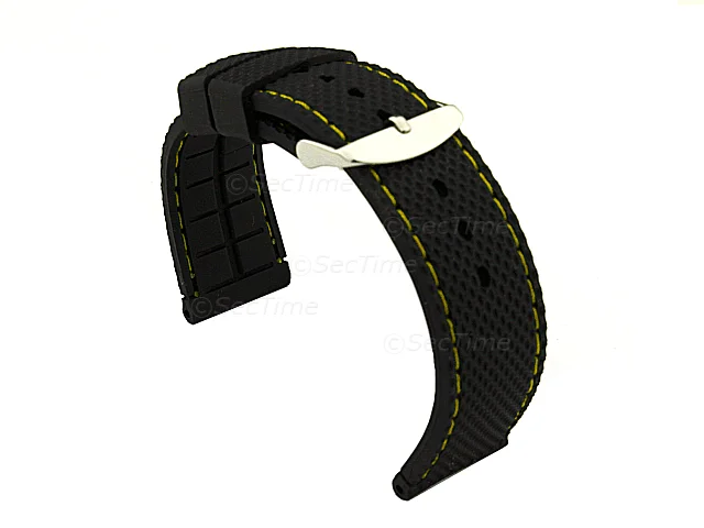 (image for) 16mm Black/Yellow - Silicon Watch Strap / Band with Thread, Waterproof