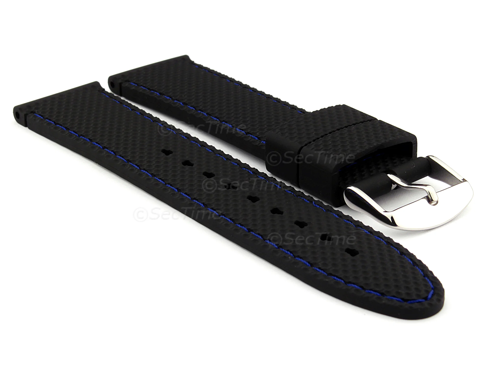 (image for) 16mm Black/Blue - Silicon Watch Strap / Band with Thread, Waterproof (1)