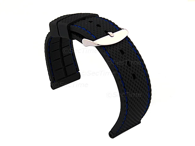 (image for) 16mm Black/Blue - Silicon Watch Strap / Band with Thread, Waterproof