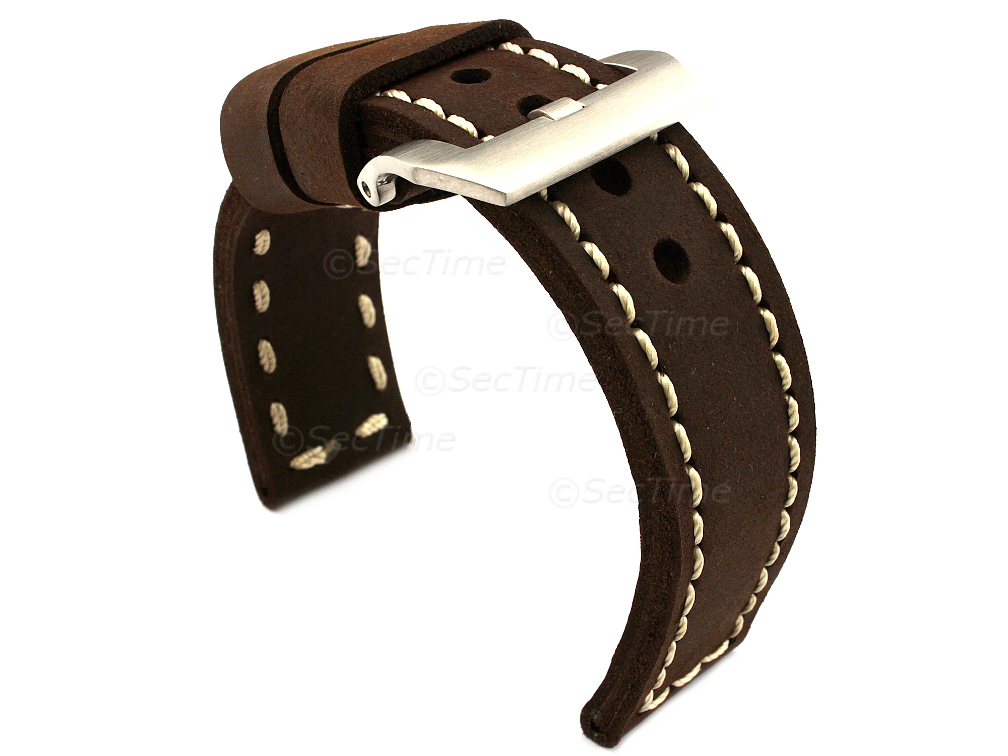 (image for) 26mm Dark Brown/White - Genuine Leather Hand-Stitched Watch Strap/Band SIRIUS (1)