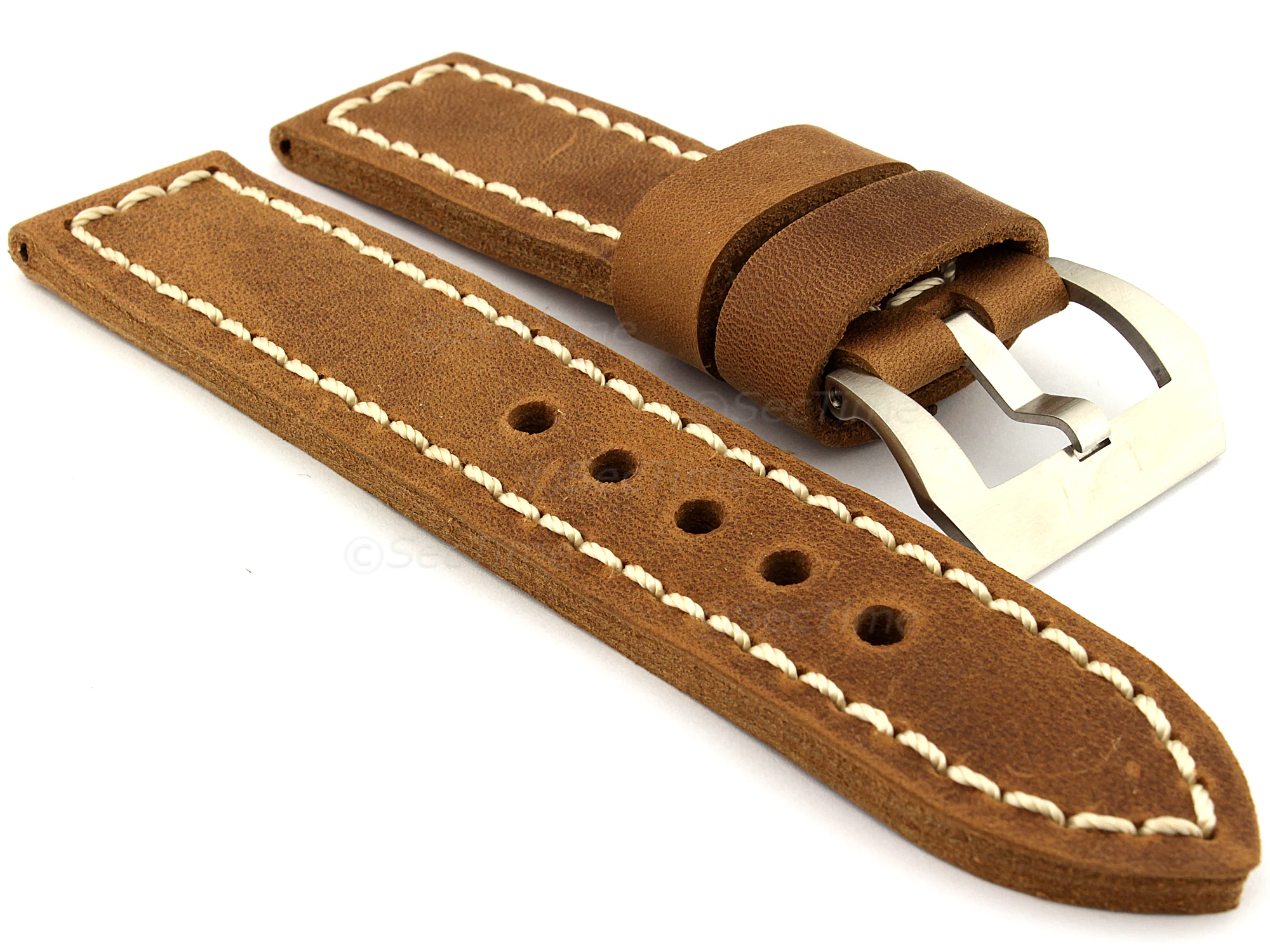 (image for) 26mm Brown/White - Genuine Leather Hand-Stitched Watch Strap/Band SIRIUS