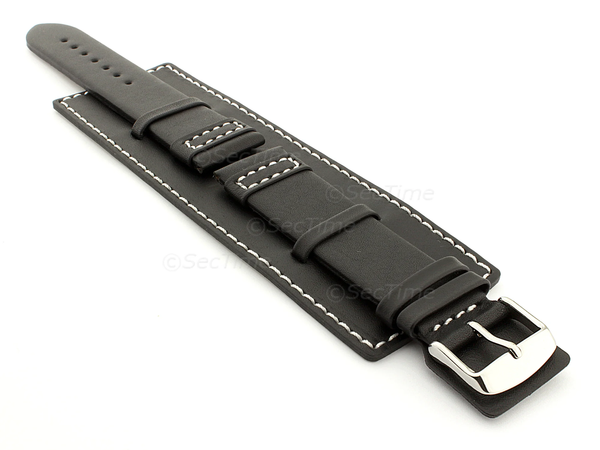 (image for) Leather Watch Strap with Wrist Cuff - Solar Black / White 20mm