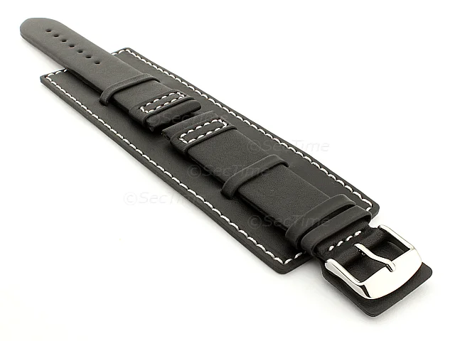 (image for) Leather Watch Strap with Wrist Cuff - Solar Black / White 20mm