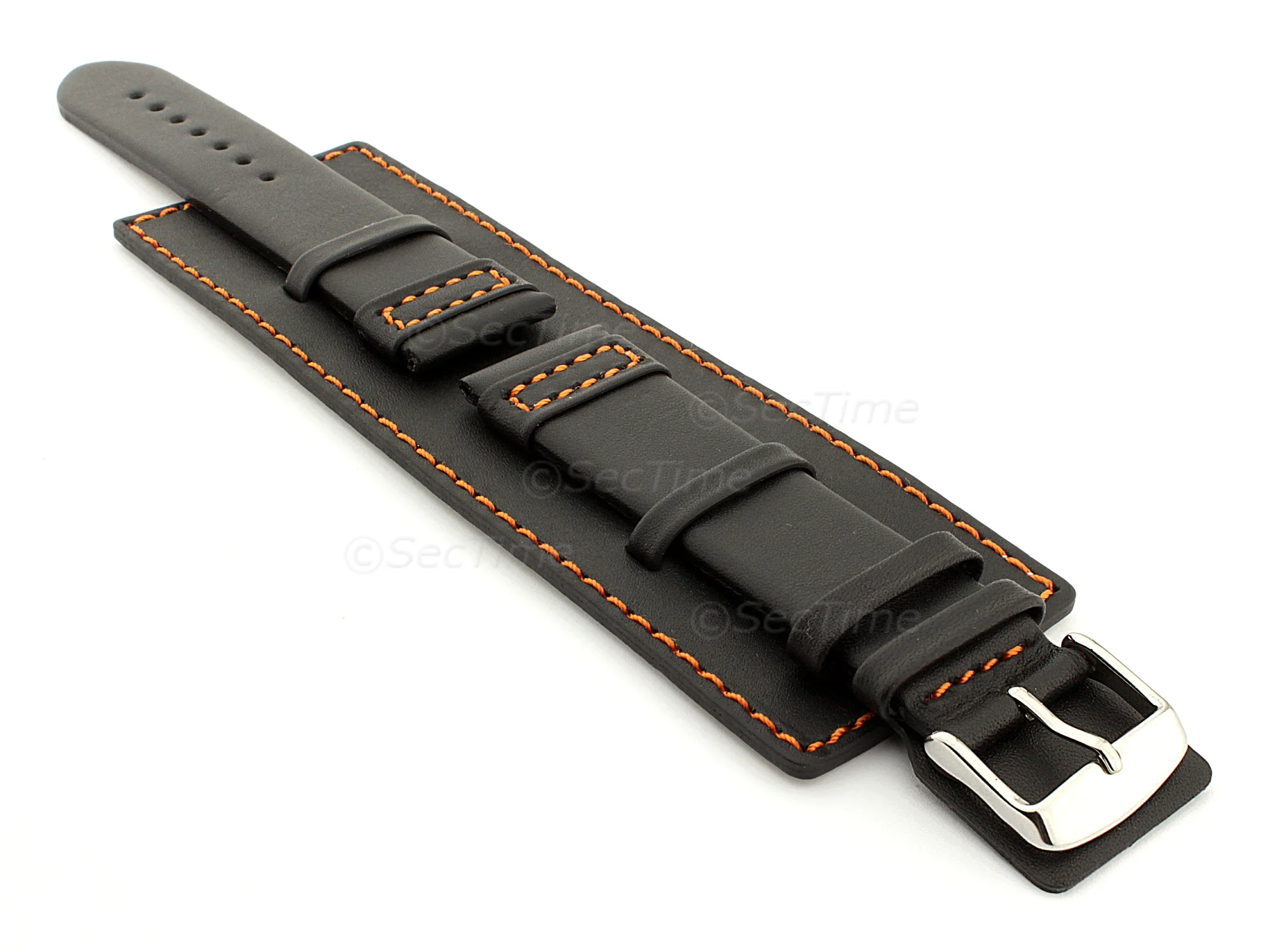 (image for) Leather Watch Strap with Wrist Cuff - Solar Black / Orange 18mm