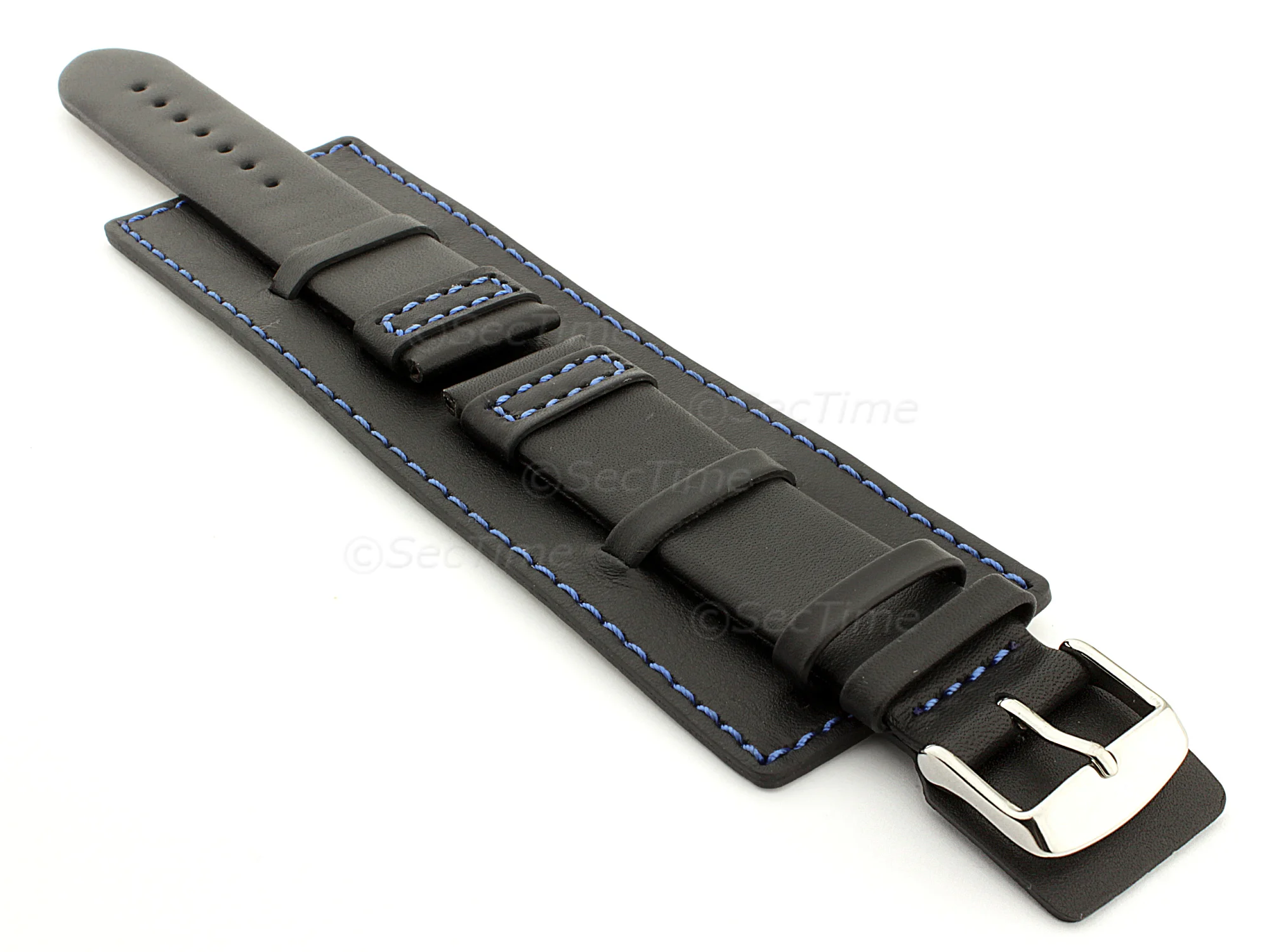 (image for) Leather Watch Strap with Wrist Cuff - Solar Black / Blue 20mm