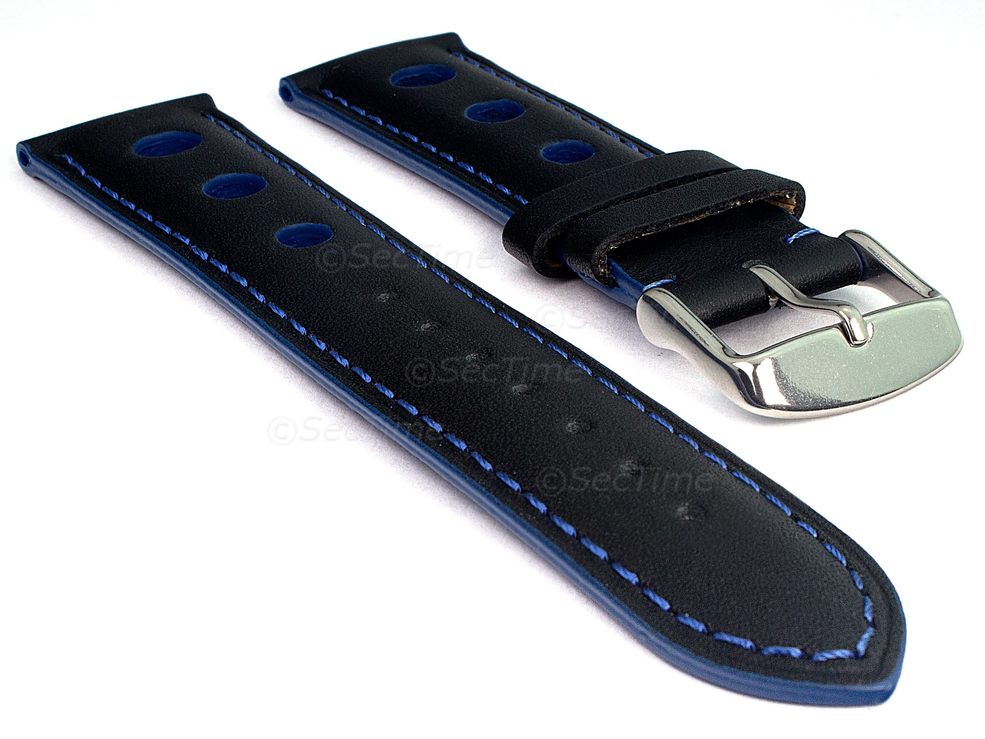 (image for) Racing Style Leather Watch Band Tempo Black/Blue 18mm