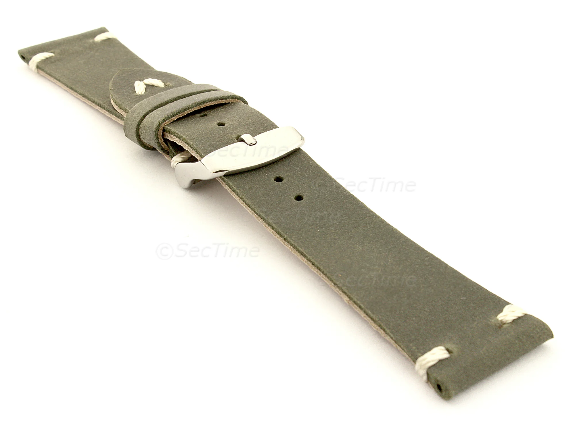 (image for) Genuine Leather Watch Strap in Oldfangled Style Texas Olive Green 19mm (2)