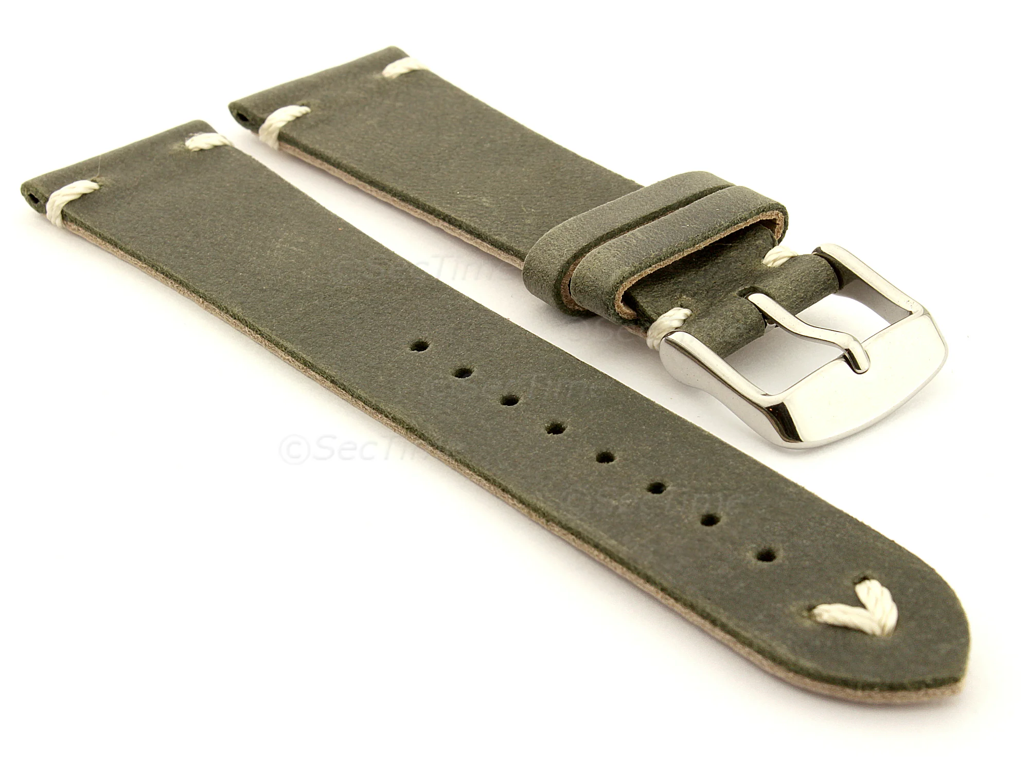(image for) Genuine Leather Watch Strap in Oldfangled Style Texas Olive Green 19mm